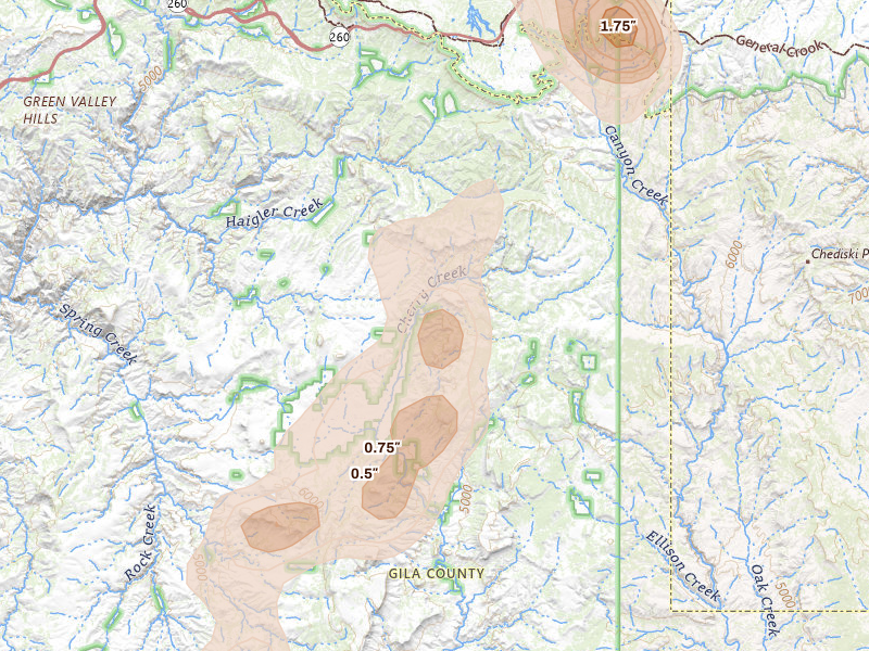 Radar-estimated hail-size map of the storm over Young, AZ on Aug 8, 2026