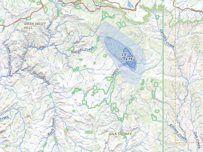 NEXRAD radar-signature map of the hail storm over Young, AZ on Aug 10, 2026