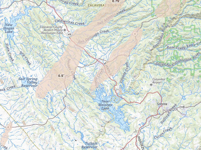 Radar-estimated hail-size map of the storm over Angels Camp, CA on Apr 10, 2026