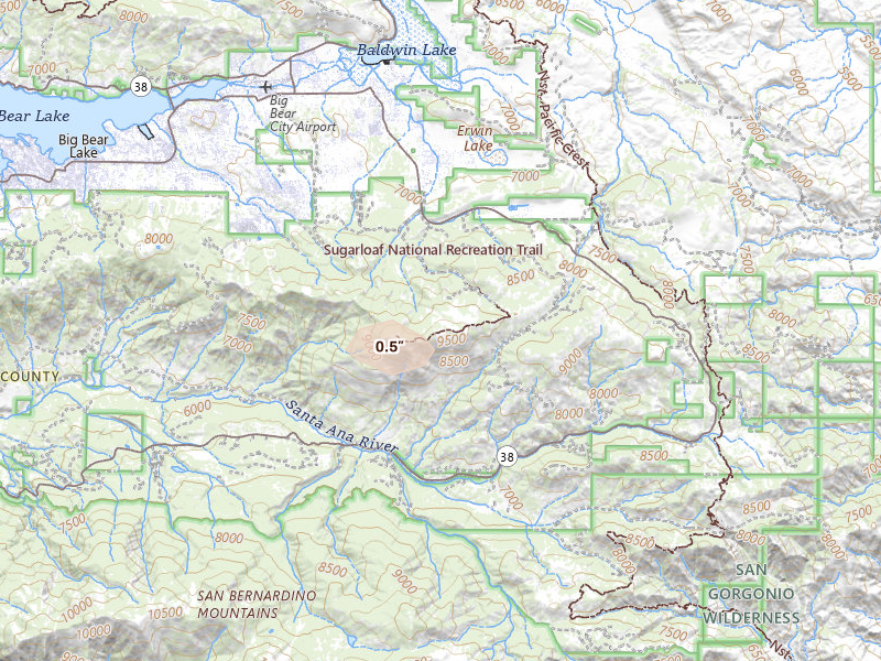 Radar-estimated hail-size map of the storm over Angelus Oaks, CA on Aug 6, 2026