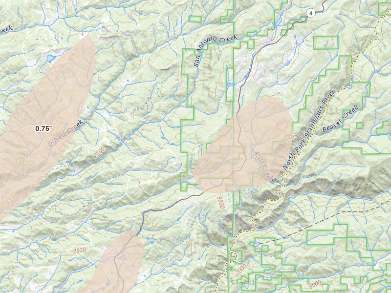 Radar-estimated hail-size map of the storm over Arnold, CA