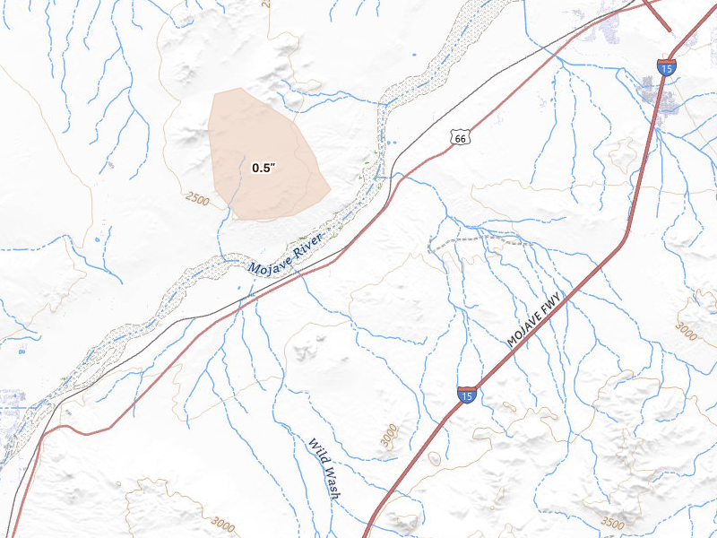 Radar-estimated hail-size map of the storm over Barstow, CA on Aug 11, 2026