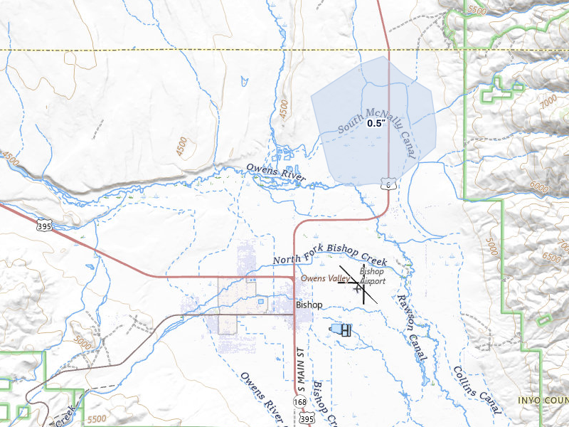 NEXRAD radar-signature map of the hail storm over Bishop, CA on May 4, 2026