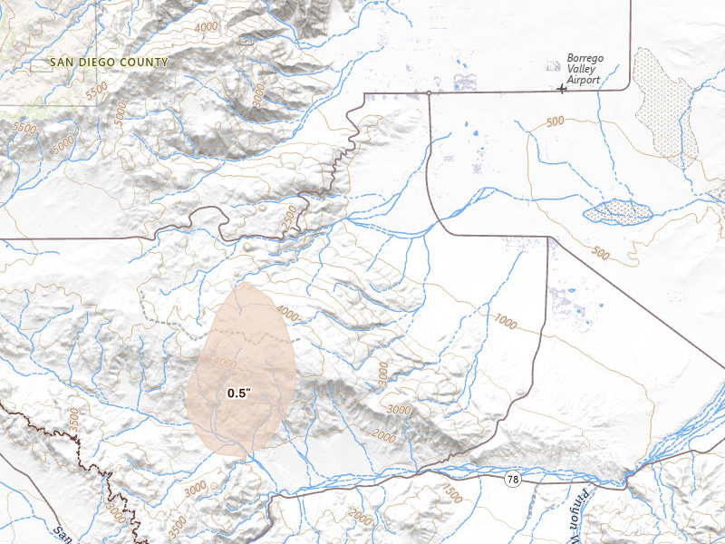Radar-estimated hail-size map of the storm over Borrego Springs, CA on Aug 10, 2026