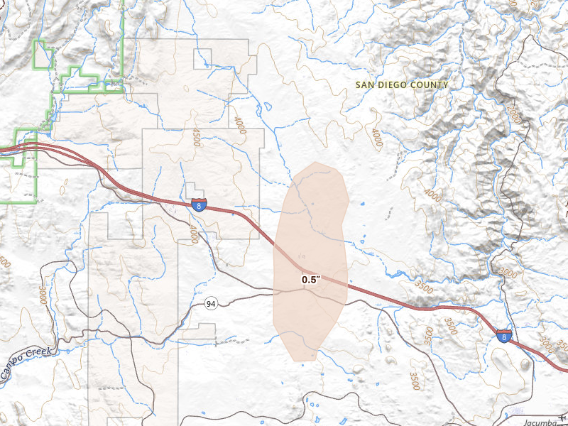 Radar-estimated hail-size map of the storm over Boulevard, CA on Aug 11, 2026