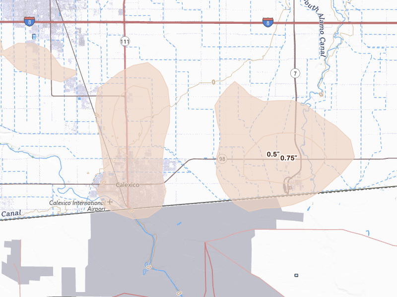 Radar-estimated hail-size map of the storm over Calexico, CA on Aug 12, 2026