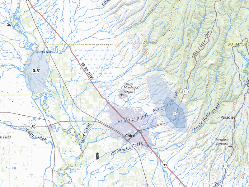 NEXRAD radar-signature map of the hail over Chico, CA
