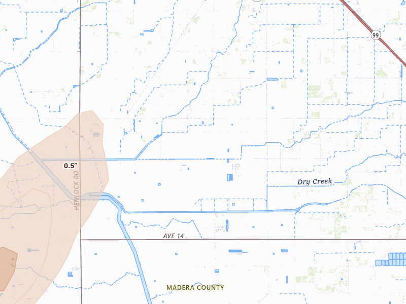 Radar-estimated hail-size map of the storm over Chowchilla, CA on Apr 9, 2026