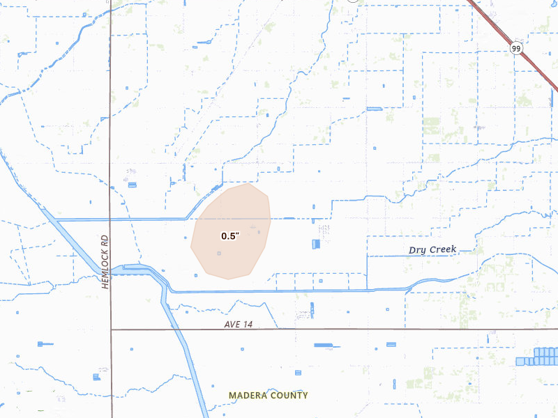 Radar-estimated hail-size map of the storm over Chowchilla, CA on Apr 21, 2026