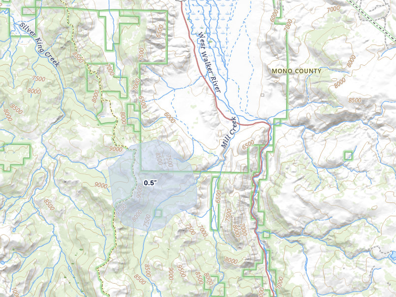 NEXRAD radar-signature map of the hail storm over Coleville, CA on May 3, 2026