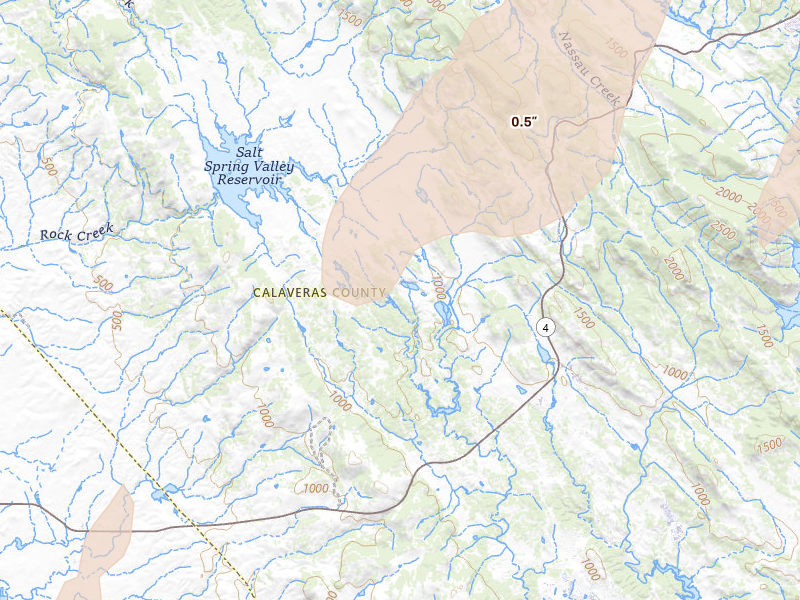 Radar-estimated hail-size map of the storm over Copperopolis, CA on Apr 10, 2026