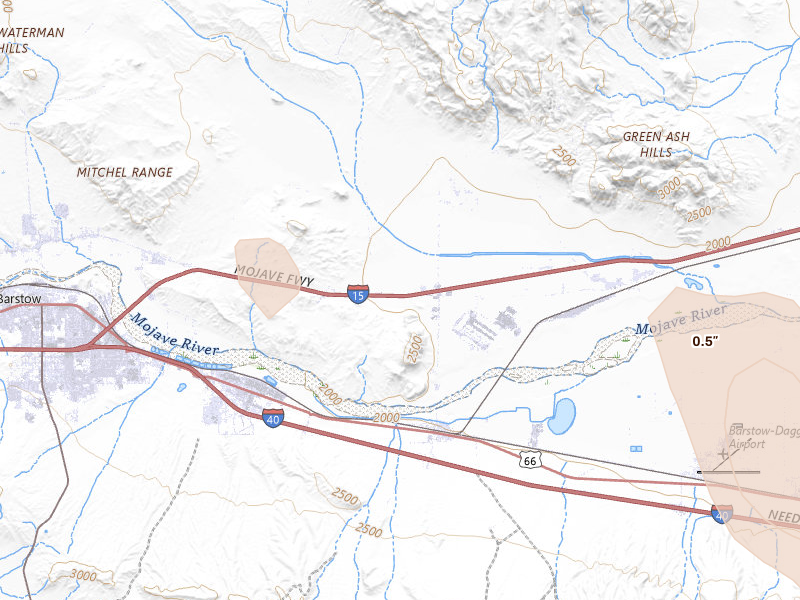 Radar-estimated hail-size map of the storm over Daggett, CA on Aug 11, 2026
