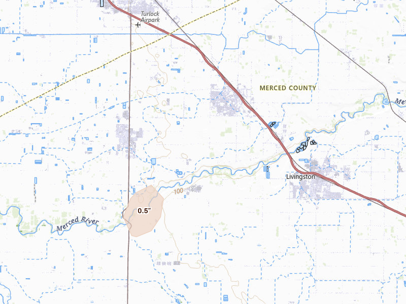 Radar-estimated hail-size map of the storm over Delhi, CA on Apr 10, 2026