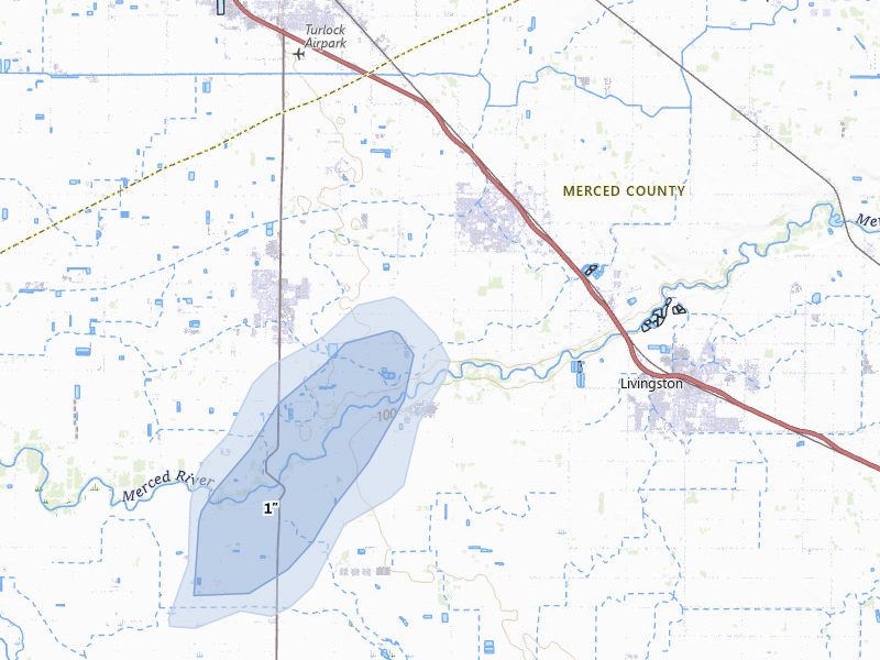 NEXRAD radar-signature map of the hail over Delhi, CA