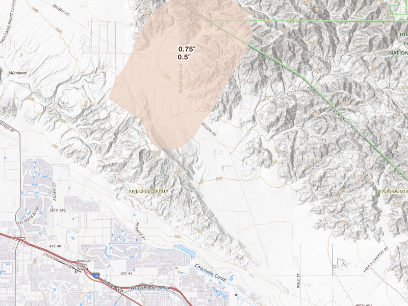 Radar-estimated hail-size map of the storm over Desert Hot Springs, CA