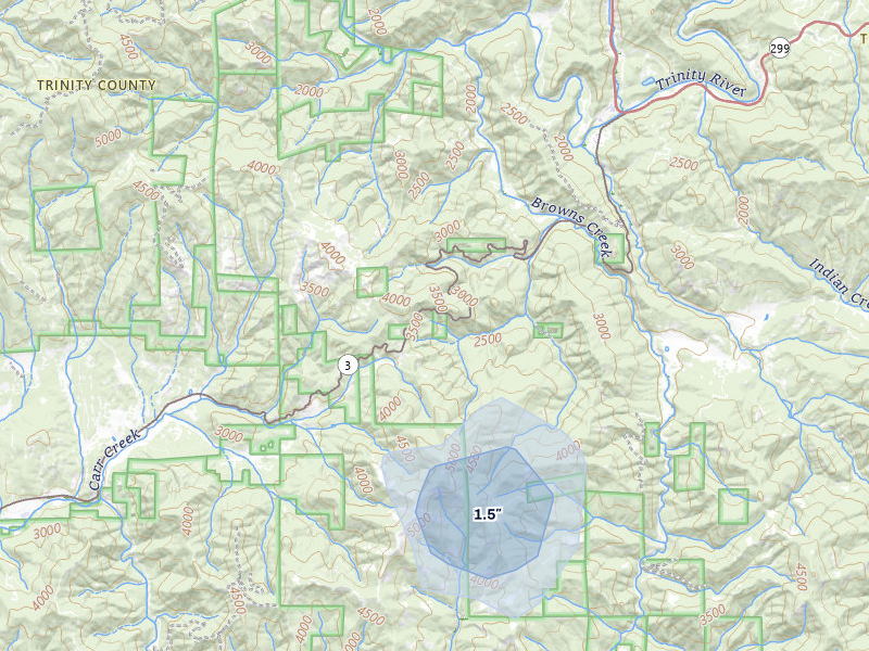 NEXRAD radar-signature map of the hail storm over Douglas City, CA on Feb 22, 2026