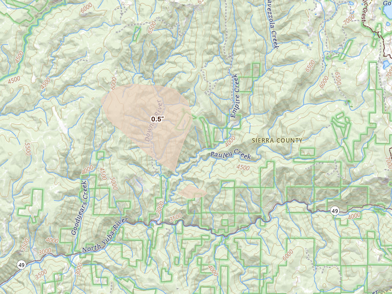 Radar-estimated hail-size map of the storm over Downieville, CA on May 3, 2026