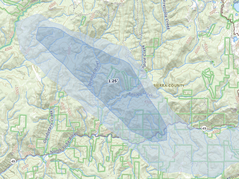 NEXRAD radar-signature map of the hail storm over Downieville, CA on May 3, 2026