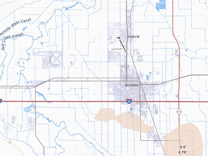 Radar-estimated hail-size map of the storm over El Centro, CA on Aug 12, 2026
