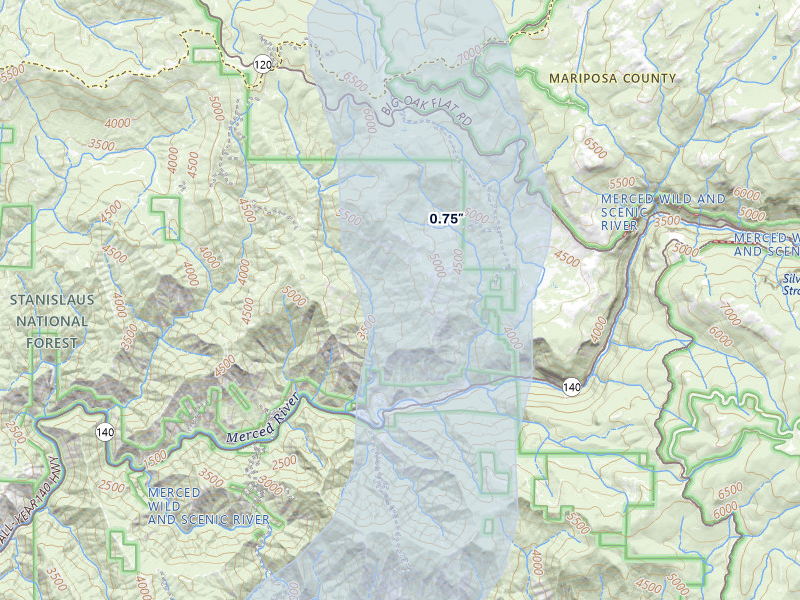 NEXRAD radar-signature map of the hail over El Portal, CA