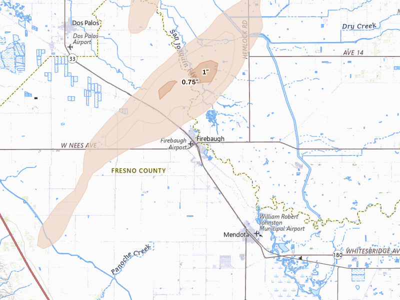 Radar-estimated hail-size map of the storm over Firebaugh, CA on Apr 9, 2026