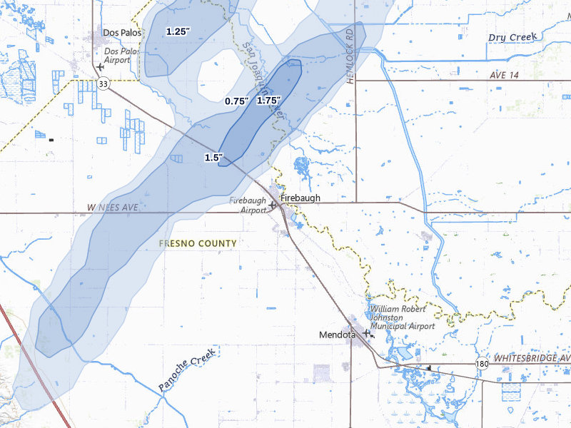 NEXRAD radar-signature map of the hail storm over Firebaugh, CA on Apr 9, 2026