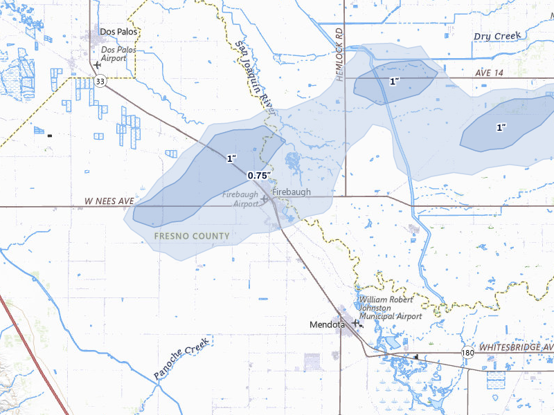 NEXRAD radar-signature map of the hail storm over Firebaugh, CA on Apr 21, 2026