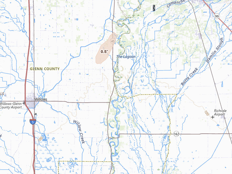 Radar-estimated hail-size map of the storm over Glenn, CA on Apr 8, 2026