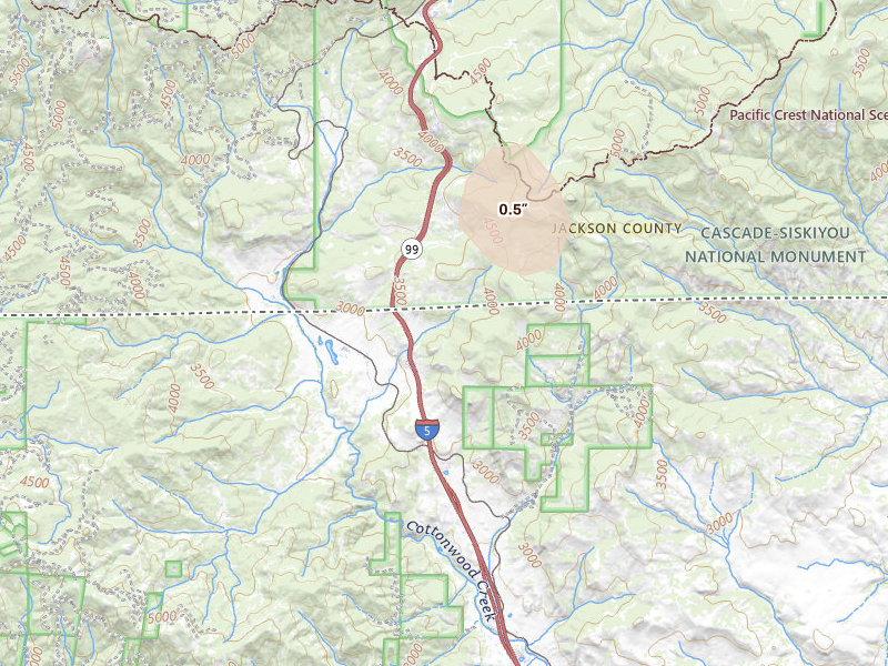 Radar-estimated hail-size map of the storm over Hornbrook, CA on Apr 9, 2026