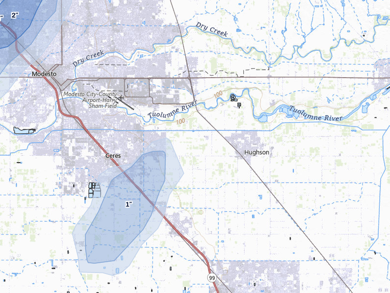 NEXRAD radar-signature map of the hail storm over Hughson, CA on Apr 9, 2026