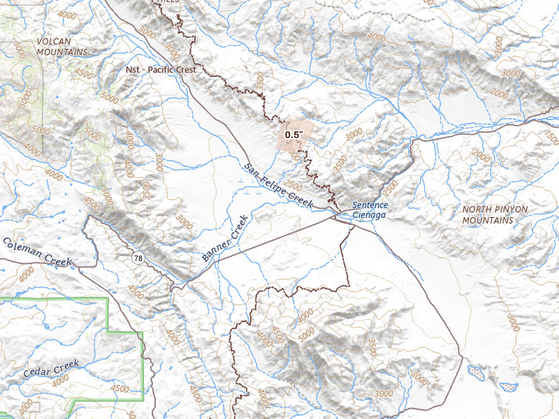 Radar-estimated hail-size map of the storm over Julian, CA on Aug 9, 2026