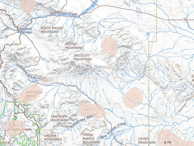 Radar-estimated hail-size map of the storm over Julian, CA on Aug 10, 2026