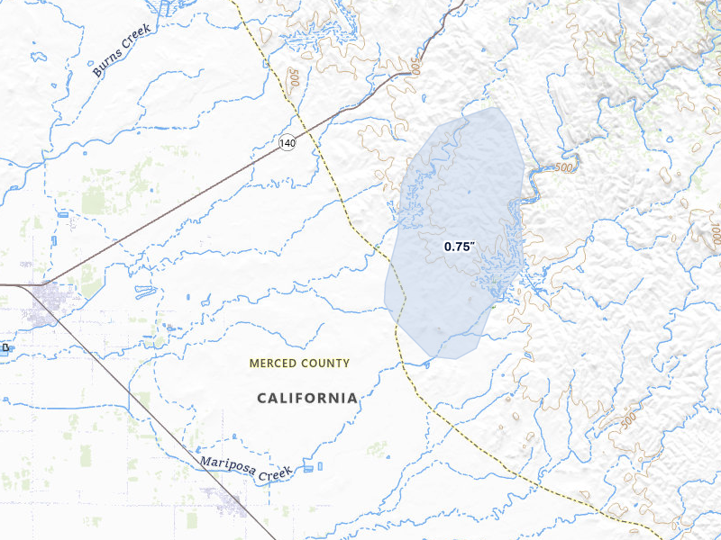 NEXRAD radar-signature map of the hail over Le Grand, CA