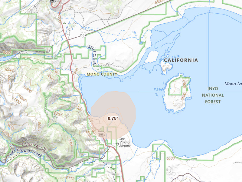 Radar-estimated hail-size map of the storm over Lee Vining, CA on Aug 13, 2026