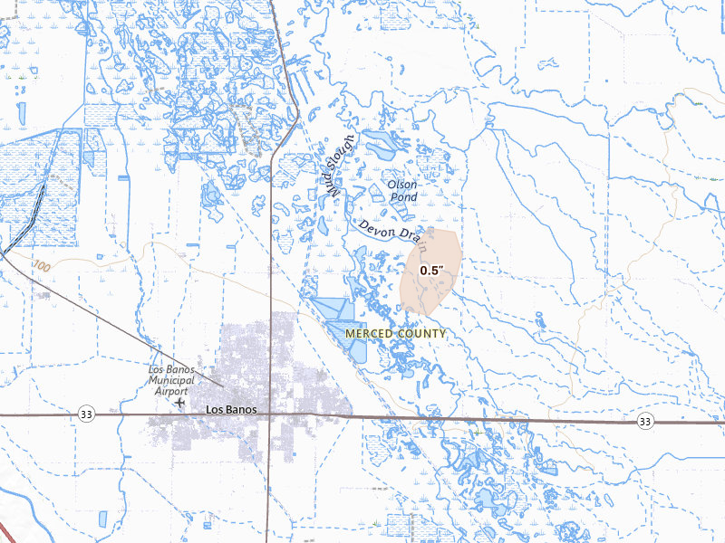 Radar-estimated hail-size map of the storm over Los Banos, CA on Apr 9, 2026