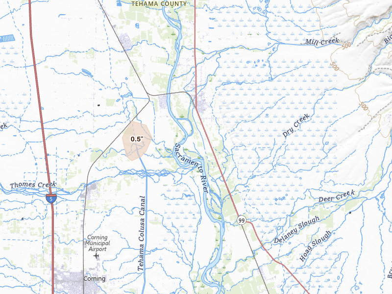 Radar-estimated hail-size map of the storm over Los Molinos, CA on Apr 12, 2026