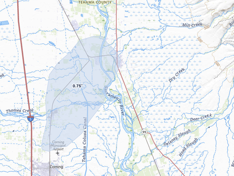 NEXRAD radar-signature map of the hail over Los Molinos, CA