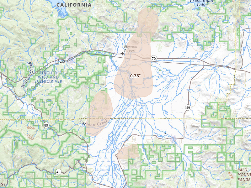 Radar-estimated hail-size map of the storm over Loyalton, CA on Jun 18, 2026