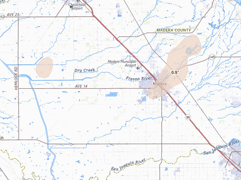 Radar-estimated hail-size map of the storm over Madera, CA on Apr 21, 2026