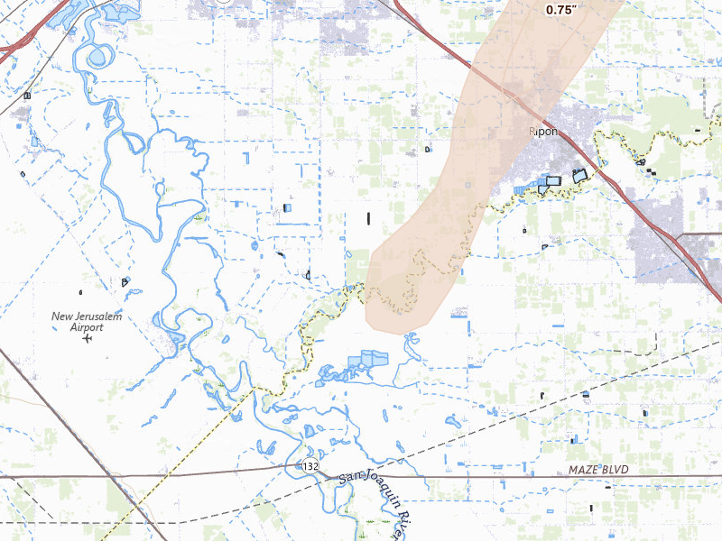 Radar-estimated hail-size map of the storm over Manteca, CA on Apr 10, 2026