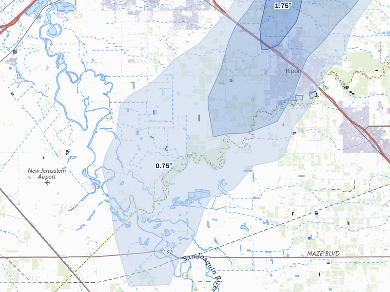 NEXRAD radar-signature map of the hail over Manteca, CA