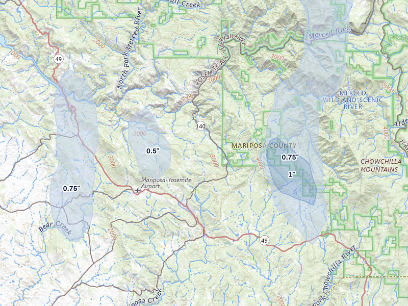 NEXRAD radar-signature map of the hail storm over Mariposa, CA on Apr 10, 2026