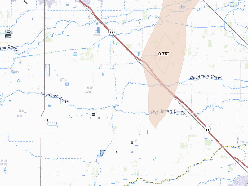 Radar-estimated hail-size map of the storm over Merced, CA on Apr 9, 2026
