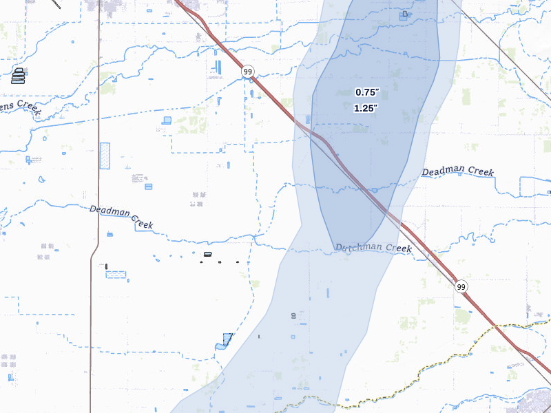 NEXRAD radar-signature map of the hail storm over Merced, CA on Apr 9, 2026