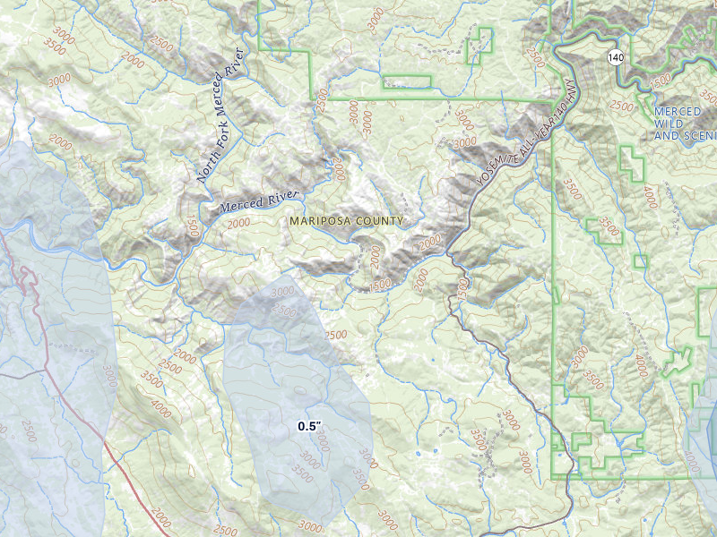 NEXRAD radar-signature map of the hail over Midpines, CA
