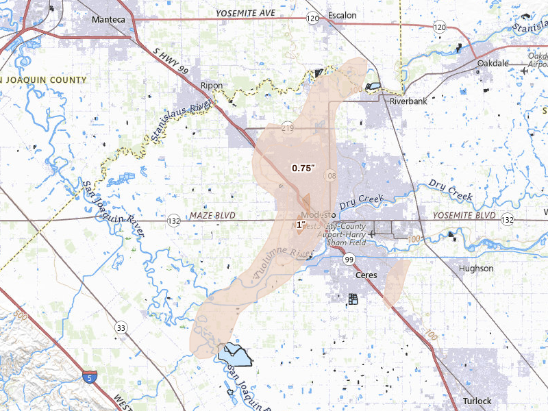 Radar-estimated hail-size map of the storm over Modesto, CA on Apr 9, 2026