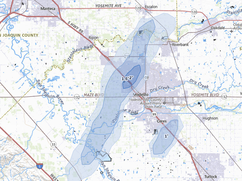 NEXRAD radar-signature map of the hail storm over Modesto, CA on Apr 9, 2026