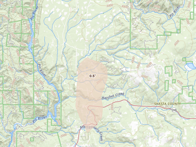 Radar-estimated hail-size map of the storm over Montgomery Creek, CA on Apr 9, 2026
