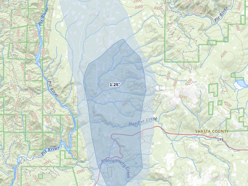NEXRAD radar-signature map of the hail storm over Montgomery Creek, CA on Apr 9, 2026