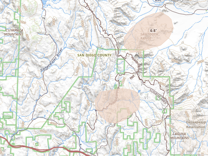 Radar-estimated hail-size map of the storm over Mount Laguna, CA on Aug 10, 2026